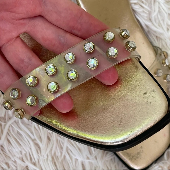 ZARA Golden metallic VINYL HIGH HEELED 3” SANDALS JEWELS SIZE USA 8 or 38 - Picture 8 of 9